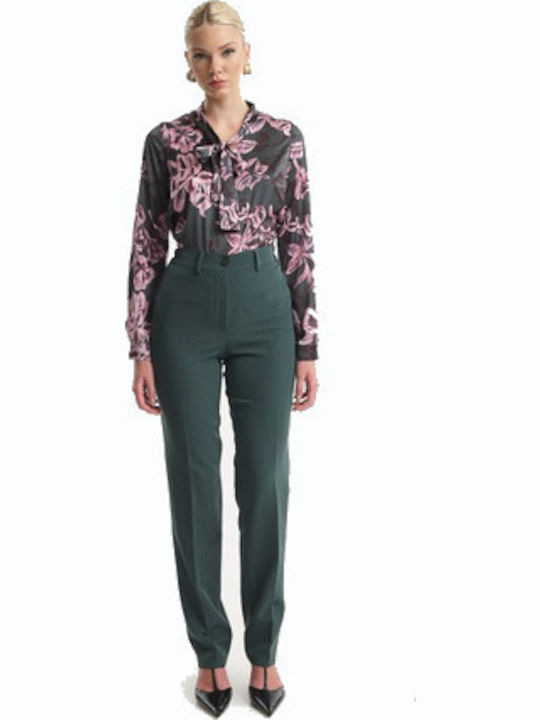 Women's High Rise Fabric Trousers with Elastic Green
