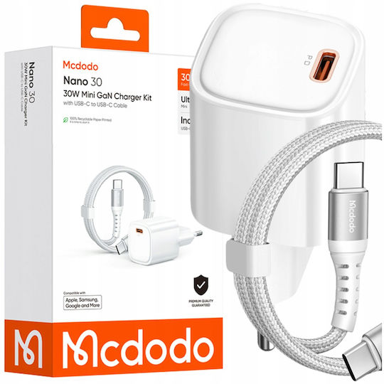 Mcdodo Handyladegerät mit USB-C Ausgangsanschlüsse und Kabel USB-C - USB-C 30W Weiß (CH-0083)
