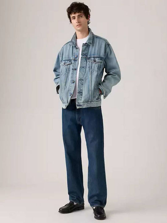 Dark Men's Jeans Pants Relaxed Straight Fit Dark Indigo Worn In Blue