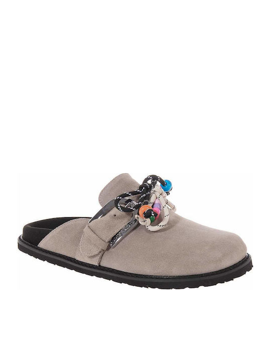 Leder Damen Pantoletten mit Absatz in Grau Farbe