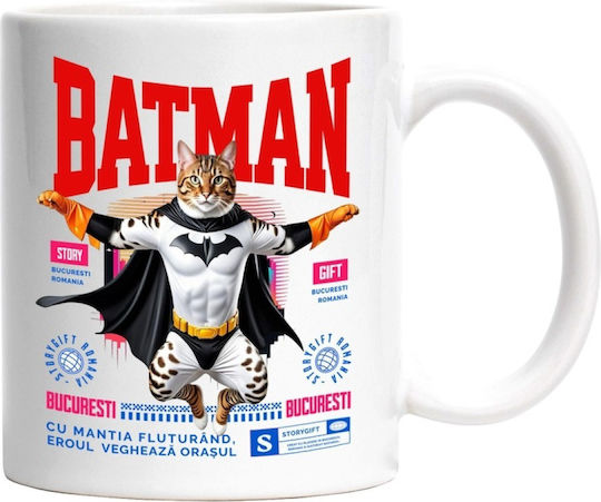 Cana Bengal Cu Costum Batman și Pelerină, Erou Nocturn, Desen Animat, Copii, Iubitori de Animale, Ceramică Albă 330 ml (Personalizată)
