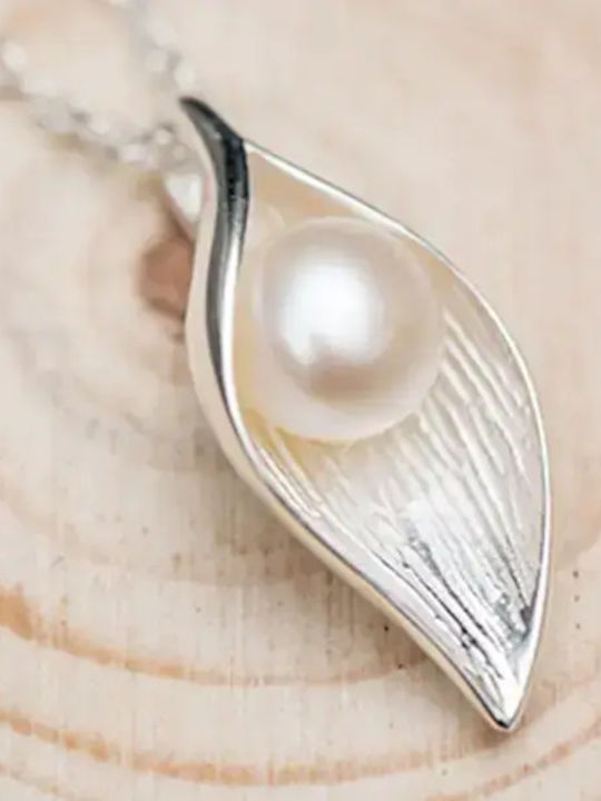 By Queen Ασημένιο Κολιέ 925 Lumière Pearl Leaf Πέρλα