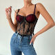 Corset Crop Top Negru din Dantelă Florală