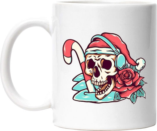 Skull, Weihnachten, Winter, Rose, Kopfhörer Weihnachtlicher Keramikbecher Weiß 330 ml (mit Personalisierung)