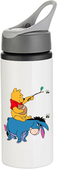 Trinkflasche Winnie Pooh 600 ml Weiß mit grauem Deckel