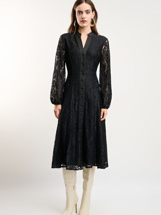 Midi Evening Dress with Lace & Sheer Detail Black