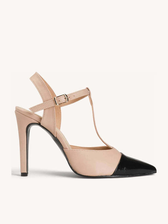 Nude Zweifarbige T-Strap Pumps Aus Lackleder Mit Spitze