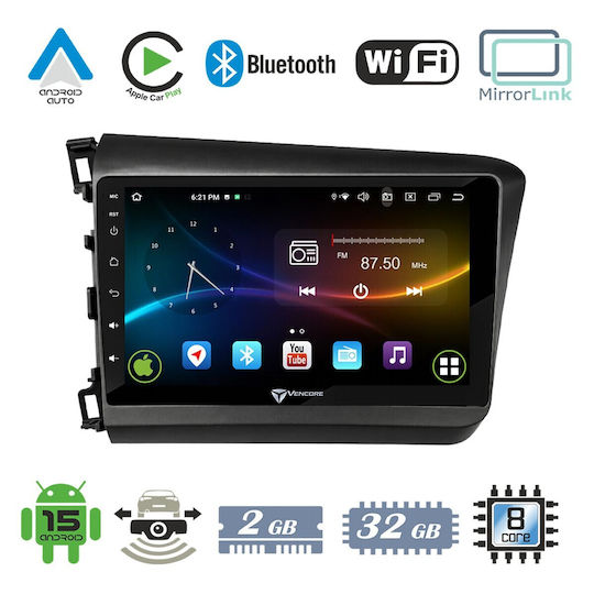 VenCore Auto-Audiosystem für Honda Civic 2012–2015 (Bluetooth/USB/AUX/Wi-Fi/GPS/Apple CarPlay/Android Auto) mit 9-Zoll-Touchscreen