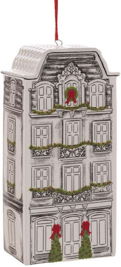 Set Hängende Weihnachtshäuschen aus weißer Keramik 6,5 x 13,5 cm 4 Stück 94357