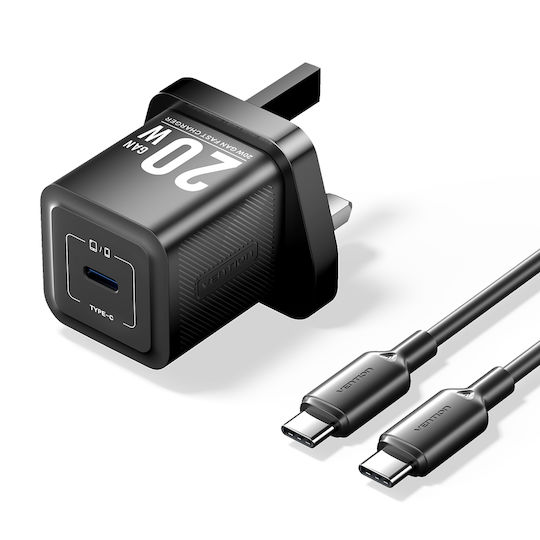 Vention GaN Charger with USB-C Port and USB-C - USB-C Cable 20W Black (FEPB0-UK-01)