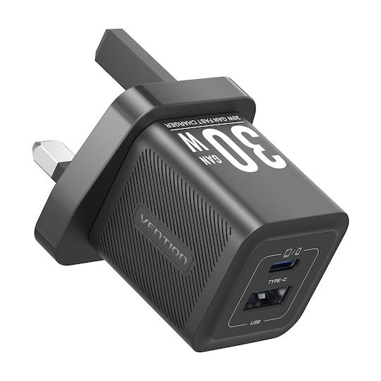 Vention Φορτιστής Χωρίς Καλώδιο GaN με Θύρα USB-A και Θύρα USB-C 30W Power Delivery / Quick Charge 3.0 Μαύρος (FEQB0-UKFEQB0-UK)