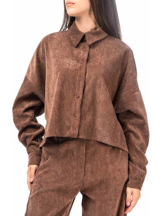 Moutaki Μακρυμάνικο Γυναικείο Πουκάμισο Brown