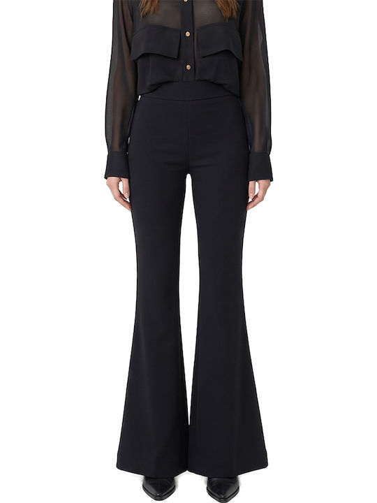 Damen Stoffhose mit Hohem Bund und Ausgestelltem Bein Schwarz