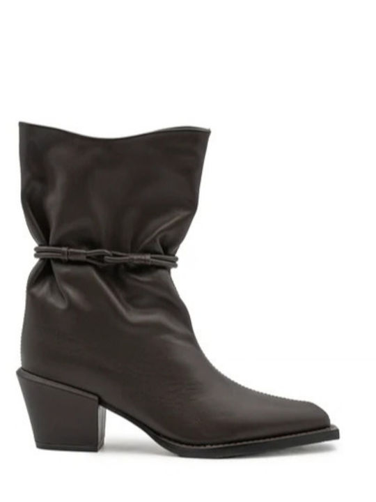 Leather Women's Cowboy Ankle Boots with Medium Heel Brown
