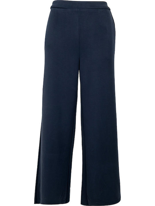 Women's Fabric Trousers with Elastic Waist in a Wide Leg Style Dark Blue