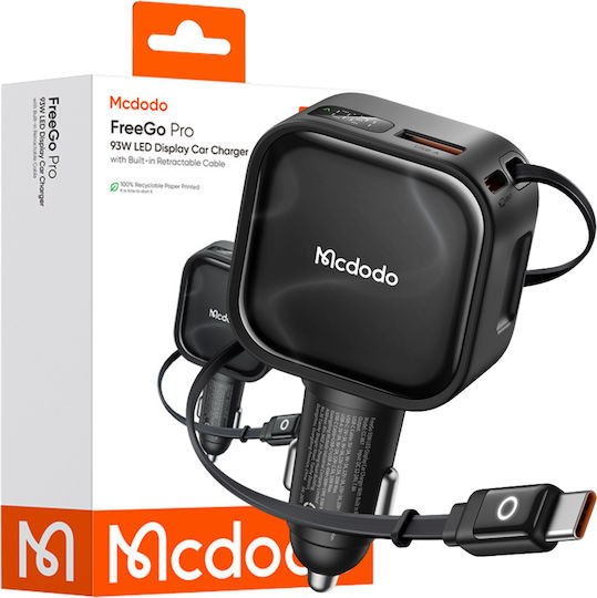 Mcdodo Φορτιστής Αυτοκινήτου 93W με Θύρες: 2xUSB-A 1xType-C μαζί με Καλώδιο Type-C Μαύρο Χρώμα