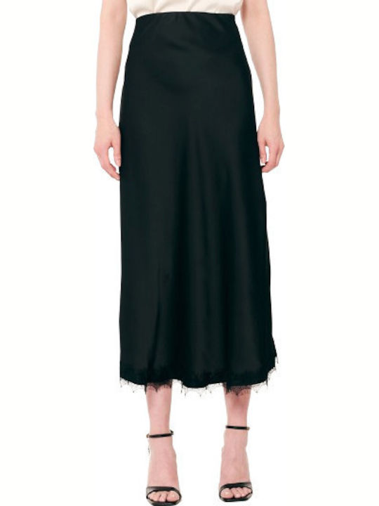 Schwarzer Satin Midirock in A-Linie mit hoher Taille