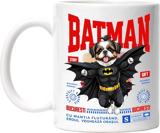 Shih Tzu Dog In A Batman Costume With Cape, Nighttime Hero, Cartoon, Kids, Animal Lovers Cană Ceramică Albă 330ml (Personalizat)