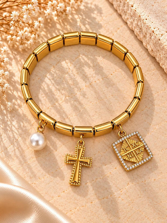 Gold Stainless Steel Bracelet With Byzantine Charm, Cross & Pearl