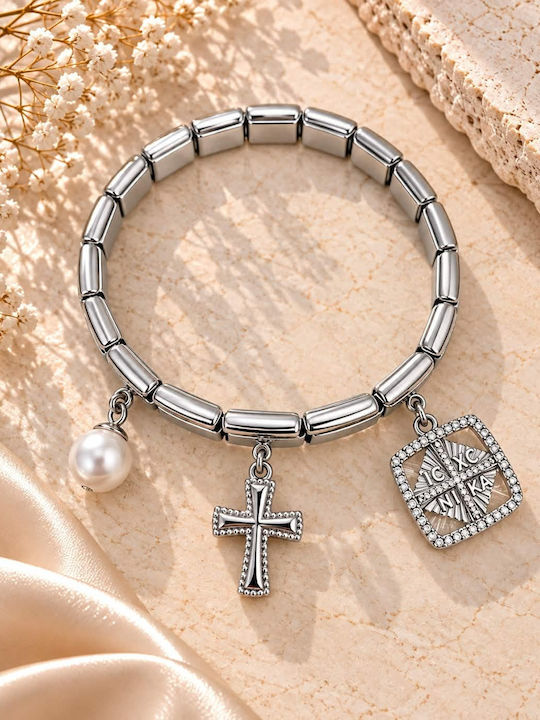 Silver Stainless Steel Bracelet With Byzantine Charm, Cross & Pearl