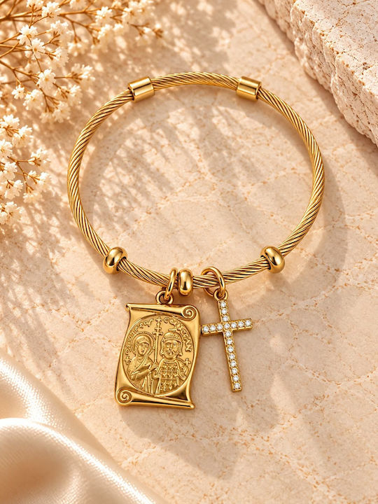 Stainless Steel Cuff Bracelet With Byzantine Icon & Cross Charm