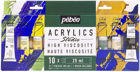 Set Culori Acrilice Studio Acrylics 10x20 ml cu Pensulă Pébéo
