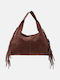 Dark Brown Fabric Women's Shoulder Bag in Suede with Fringes
