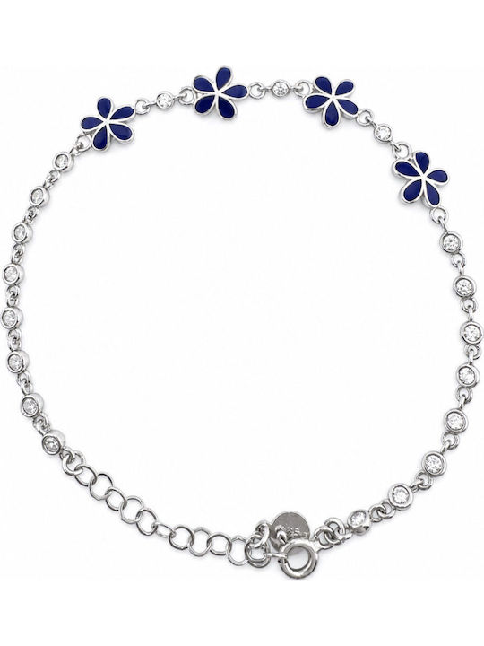Brățară Pentru Copii Din Argint 925 Jolie Cu Model Cu Floare Din Argint, Email Albastru Marin, Pietre De Zircon, Lungime 21 Cm, 4,6 G, Argint