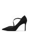 Black Leather Pointed-Toe Pumps with Strap & Thin Mid Heel