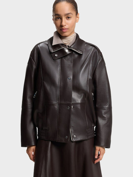 Damen-Bikerjacke aus Leder Dark Brown