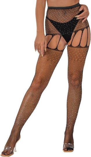 Ciorapi Portjartier Plasă cu Strasuri Lace Rhinestone Suspender Tights Negri