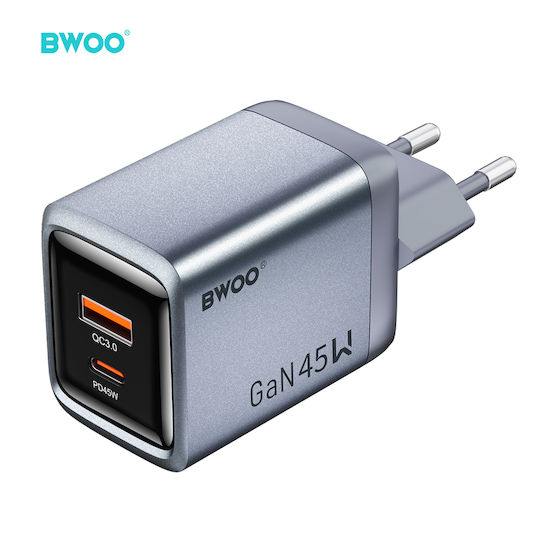 BWOO Încărcător Fără Cablu GaN cu Port USB-A și Port USB-C 45W Power Delivery Gri Închis (BO-CDA240)