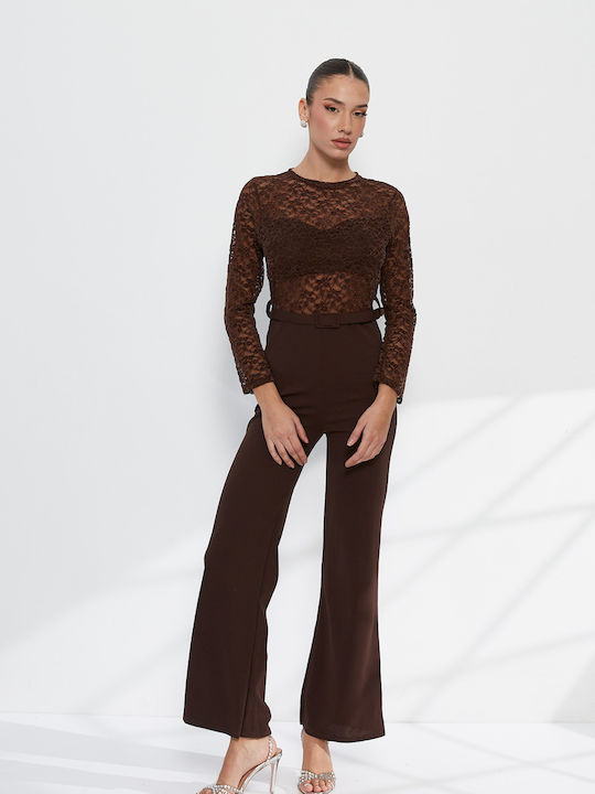 Women's Long-Sleeve Brown Jumpsuit