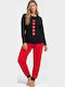 Cherry Winterliches Damen-Pyjama-Set aus Baumwolle Schwarz