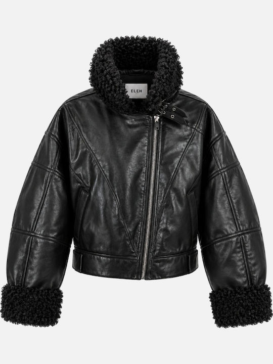 Eleh Cropped Lederjacke für Damen für den Winter Schwarz
