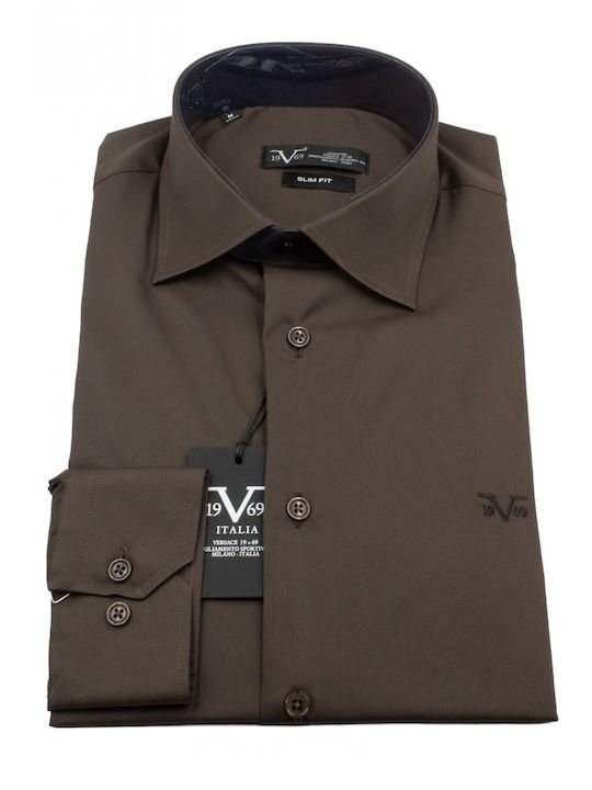 Versace Cămașă Maro cu Mâneci Lungi, Croială Slim