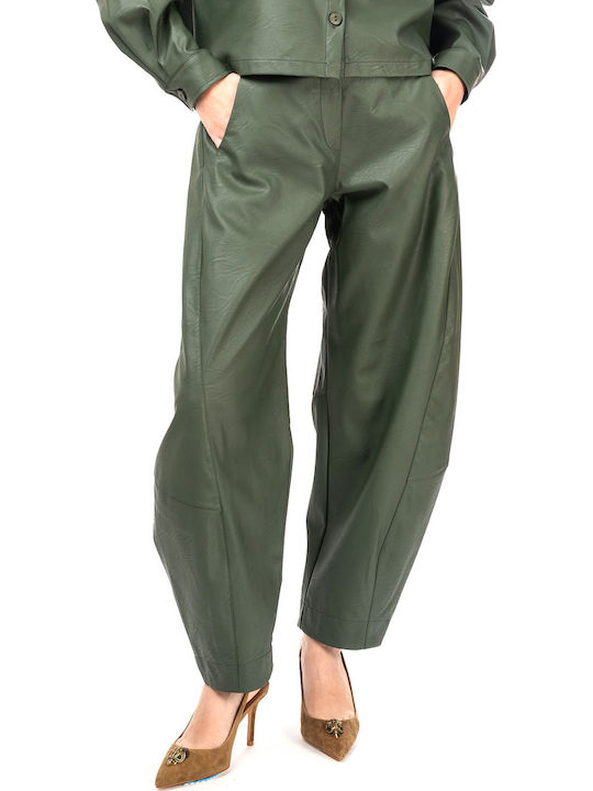 Moutaki Women's High-Waisted Fabric Trousers in a Loose Fit Khaki