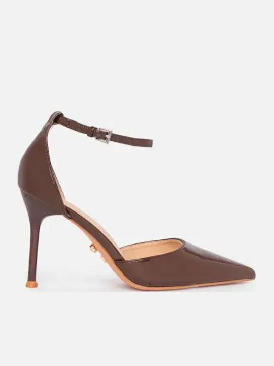 Twenty Fourhaitch Spitze Pumps aus Lackleder mit Stilettoabsatz und Riemchen Braun