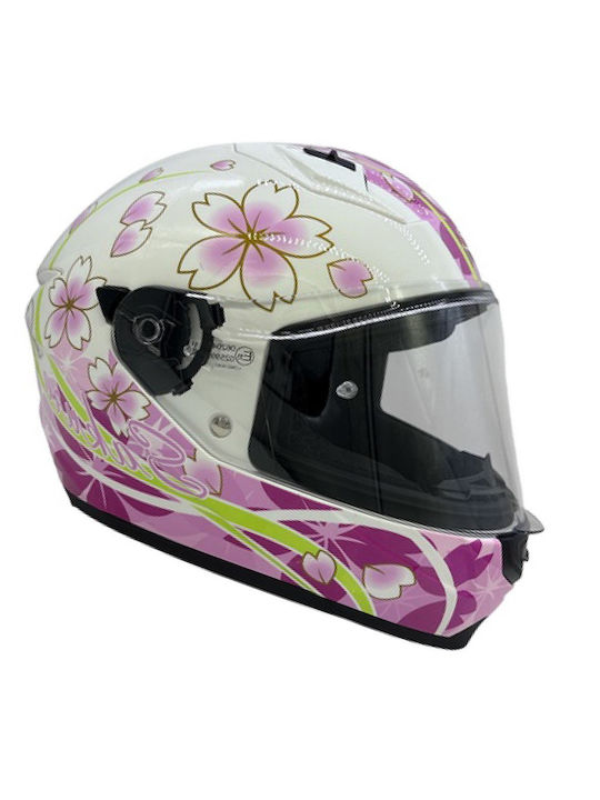 Zeus 821 White Pink Flowers Motorradhelm Full F...