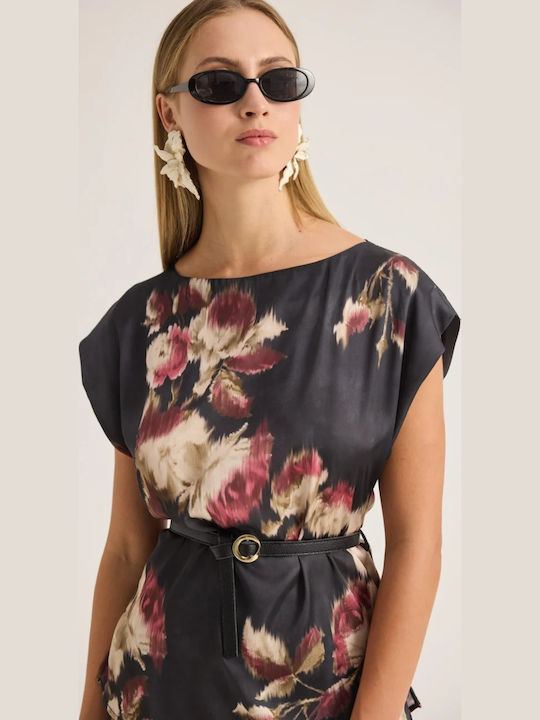 Women's Satin Short Sleeve Floral Blouse Burgundy