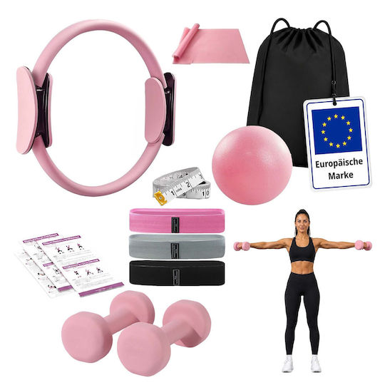 Set Pilates Relaxdays 10054390_52, 11 piese, cerc Pilates Ø38 cm, minge de 23 cm, 5 benzi scurte de rezistență de 35 × 8 cm, bandă lungă de rezistență de 150 × 15 cm, 2 gantere de 1 kg, geantă de transport, pompă, roz