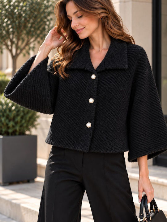 Damen-Halbmantel Schwarz Oversized mit Knöpfen