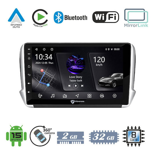 Vencore 3236-10006-0164b Android-15-Multimedia-Display 10,1" Px5s Octa-Core 2 GB/32 GB IPS-Frontblende CarPlay Android Auto Unterstützung Für 360°-Kamera Peugeot 208/2008 2012–2016 – Schwarz 3236-10006-0164b