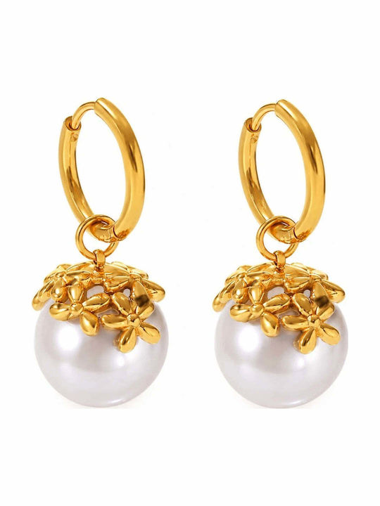 Gold Steel Earrings 316L Hoops Grey Pearl 3.4cm E5000