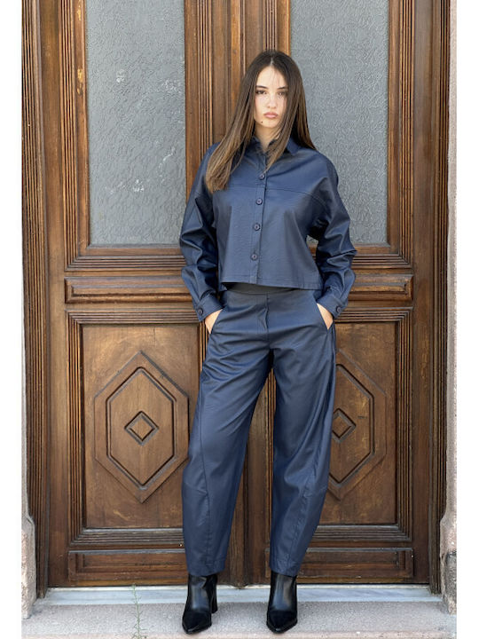 Moutaki Women's Dark Blue Leather Trousers
