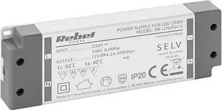 Rebel Sursă de Alimentare LED IP20 cu Putere de 50 W și Tensiune de Ieșire de 12 V