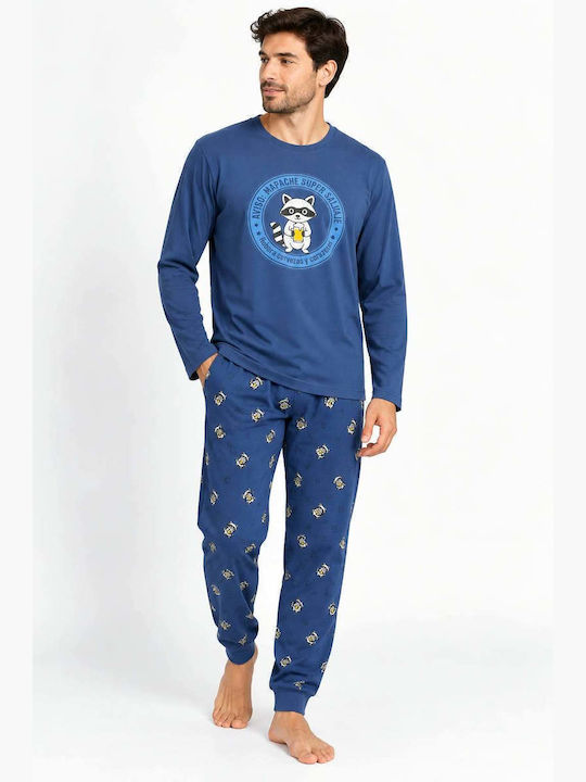Dark Elephant Pijama Bărbătească de Iarnă din Bumbac Albastră Dark Elephant Pijama Bărbătească de Iarnă din Bumbac Albastră