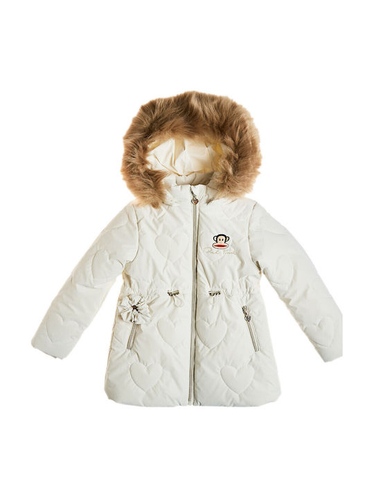 Kids' Short Quilted Hooded Jacket Ecru