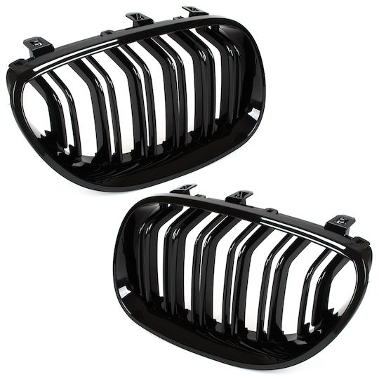 BMW Seria 5 E60 E61 03-10 Grile Între Faruri Tip Rinichi Stânga + Dreapta Set Bare Duble Curbate Negru Lucios