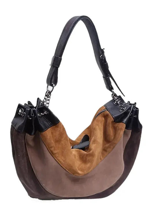 Large Triple Moon Δερμάτινη Γυναικεία Τσάντα Ώμου Suede Καφέ